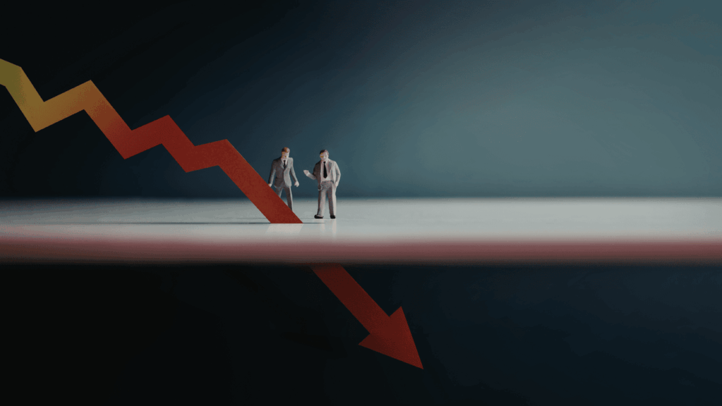 A conceptual image showing a large red downward-sloping graph arrow crashing through a floor where two business figures stand, symbolizing the catastrophic impact of financial or security debt.