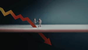 A conceptual image showing a large red downward-sloping graph arrow crashing through a floor where two business figures stand, symbolizing the catastrophic impact of financial or security debt.