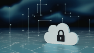 A 3D white cloud icon with a padlock symbol set against a dark teal digital network background, representing cloud security and SaaS integration risks.