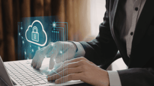 A person using a secured laptop at work