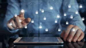 Businessman touching interconnected padlock icons across a digital network — representing third-party and supply chain cyber risk across connected vendor systems