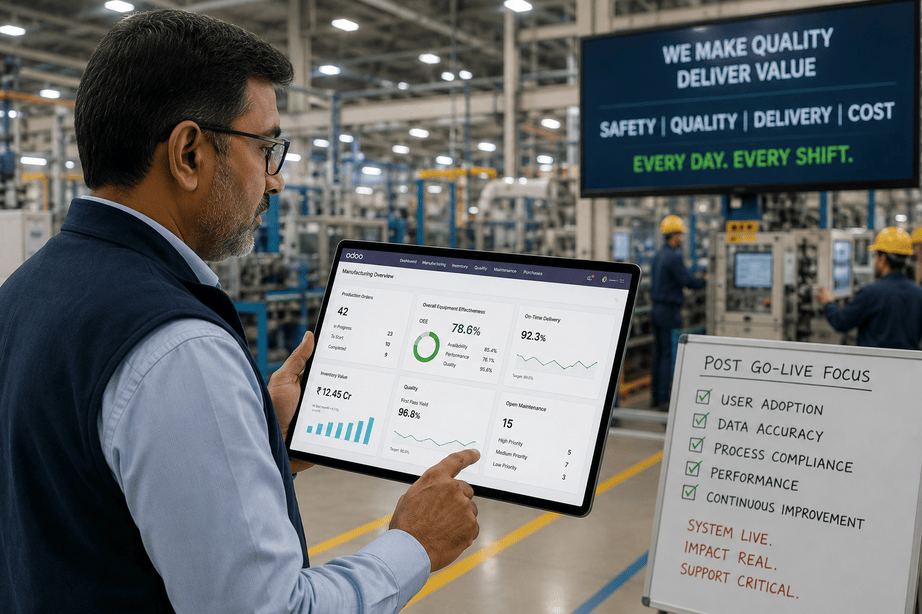 Manufacturing CXO reviewing Odoo support after go-live on the plant floor