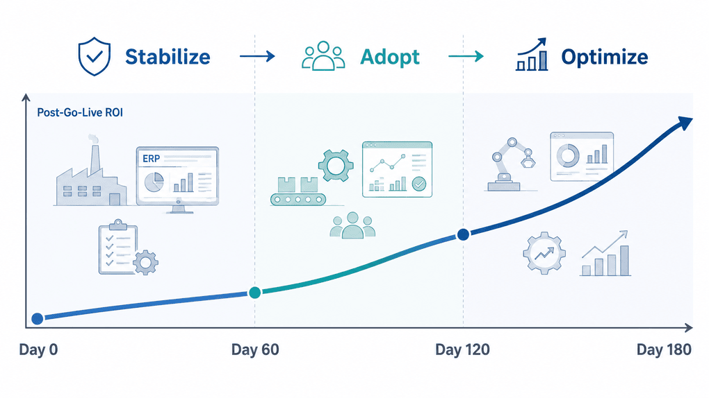 ERP ROI curve across the first 180 days of post-implementation support in manufacturing