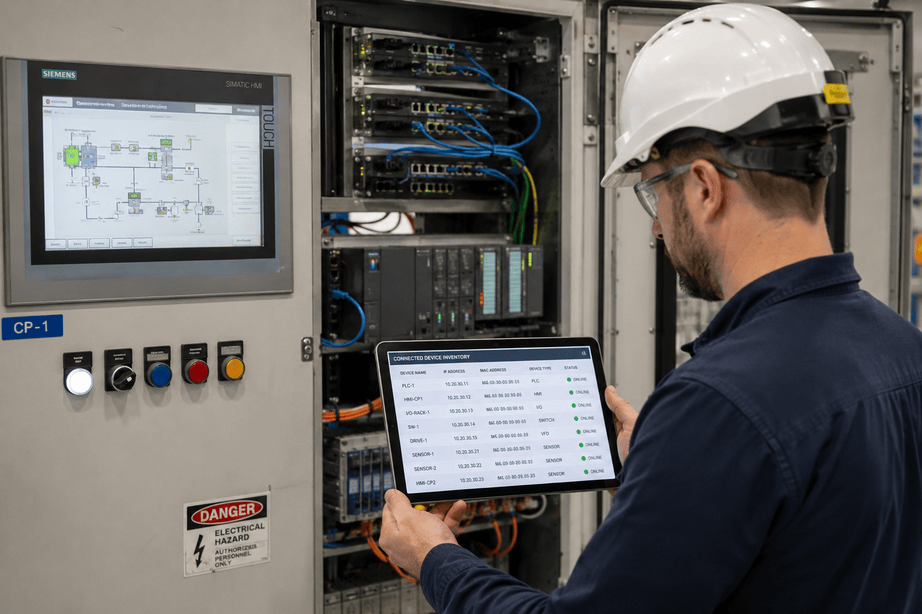 Plant engineer reviewing connected device inventory on the factory network