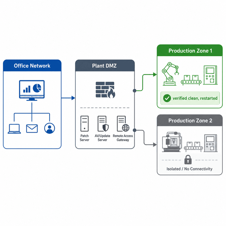 Network segmentation diagram for IT-OT cybersecurity in manufacturing showing isolated production zones