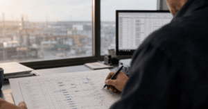 Production planner manually correcting dates on an MRP schedule in a manufacturing plant