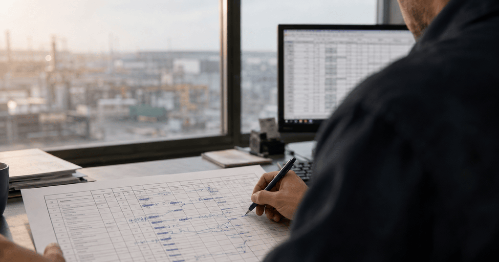 Production planner manually correcting dates on an MRP schedule in a manufacturing plant