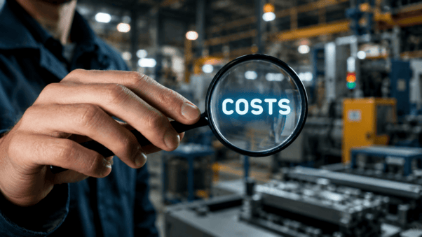 Operations director examining manufacturing cost variance through a magnifying glass on a factory floor