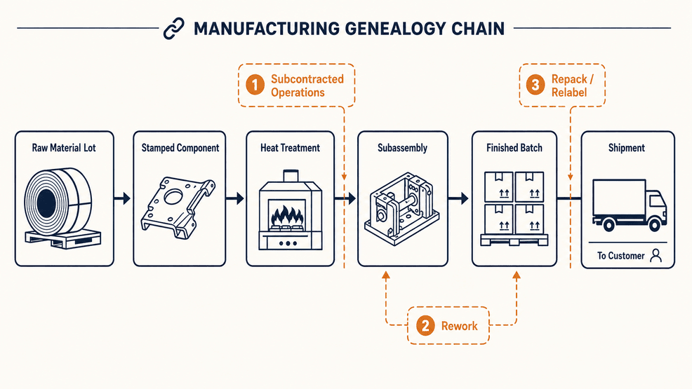 Batch genealogy in manufacturing from raw material lot to customer shipment with three breakpoints