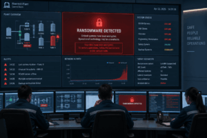 Industrial control room operators monitoring SCADA systems during a ransomware attack, with critical systems offline, cybersecurity alerts, and threat indicators displayed across large dashboards.