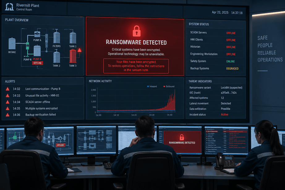 Industrial control room operators monitoring SCADA systems during a ransomware attack, with critical systems offline, cybersecurity alerts, and threat indicators displayed across large dashboards.
