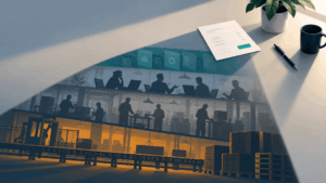 ERP quote sheet casting a large layered shadow that reveals hidden costs from software licences, implementation consultants, internal staff time, and production disruption.