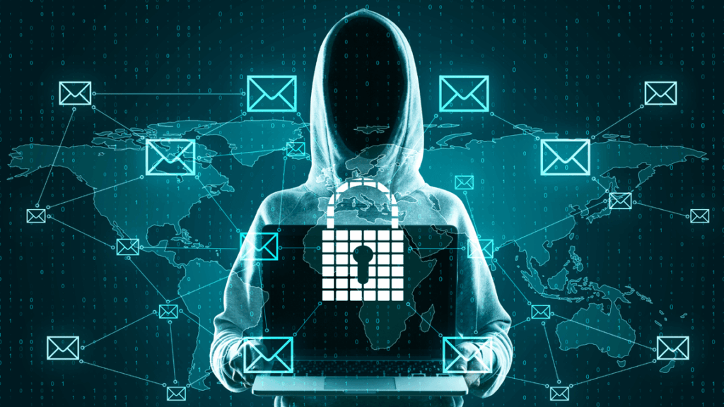Ransomware attack targeting connected manufacturing systems, showing a cybercriminal, digital lock, global network, and compromised business communications.