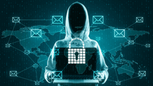 Ransomware attack targeting connected manufacturing systems, showing a cybercriminal, digital lock, global network, and compromised business communications.