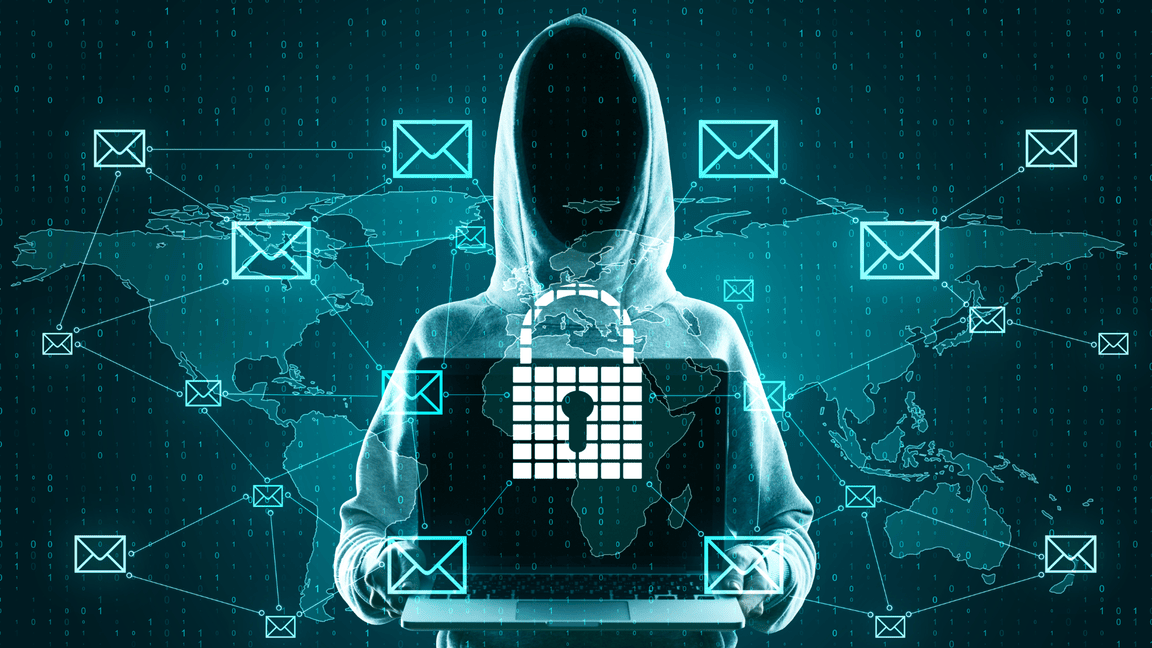 Ransomware attack targeting connected manufacturing systems, showing a cybercriminal, digital lock, global network, and compromised business communications.