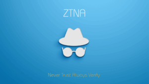 White detective-style hat and round glasses icon on a blue background with the text “ZTNA: Never Trust, Always Verify”